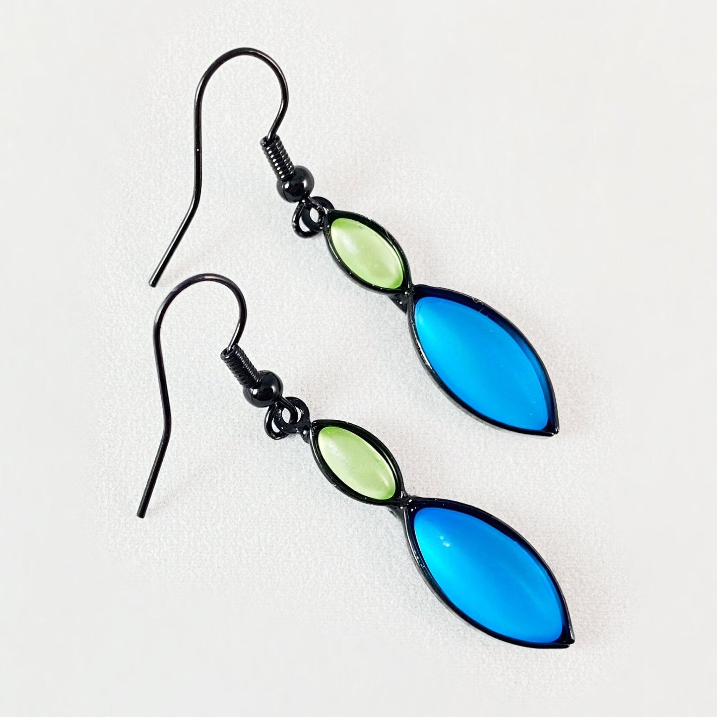 Marquise Shape Earrings with Black Wire and Handmade Glass Beads, Hypoallergenic, Aqua/Peridot - Kristina