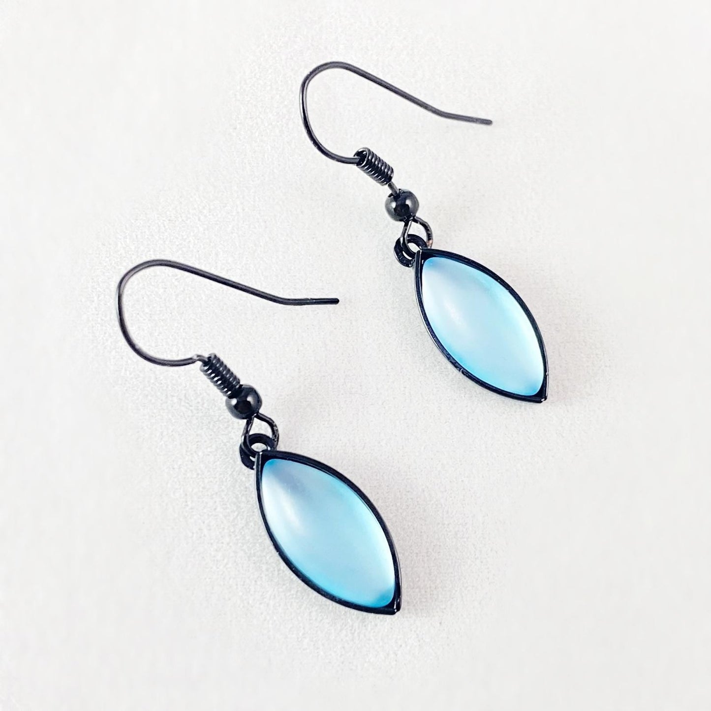 Marquise Shape Earrings with Black Wire and Handmade Glass Beads, Hypoallergenic, Icy Blue - Kristina