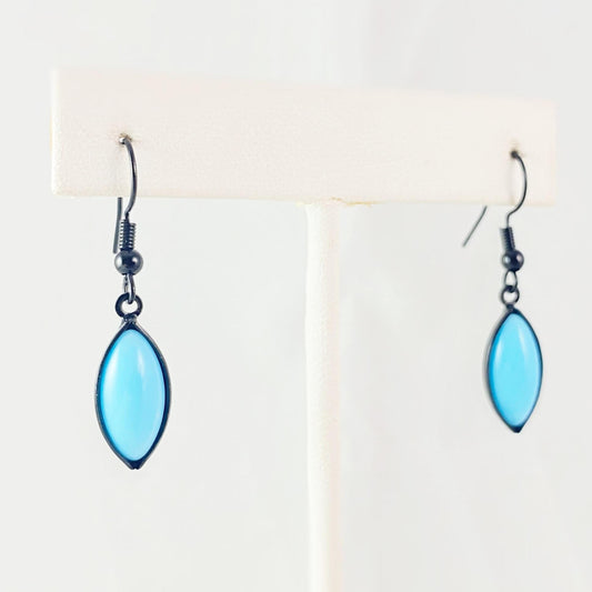 Marquise Shape Earrings with Black Wire and Handmade Glass Beads, Hypoallergenic, Opaque Light Blue - Kristina