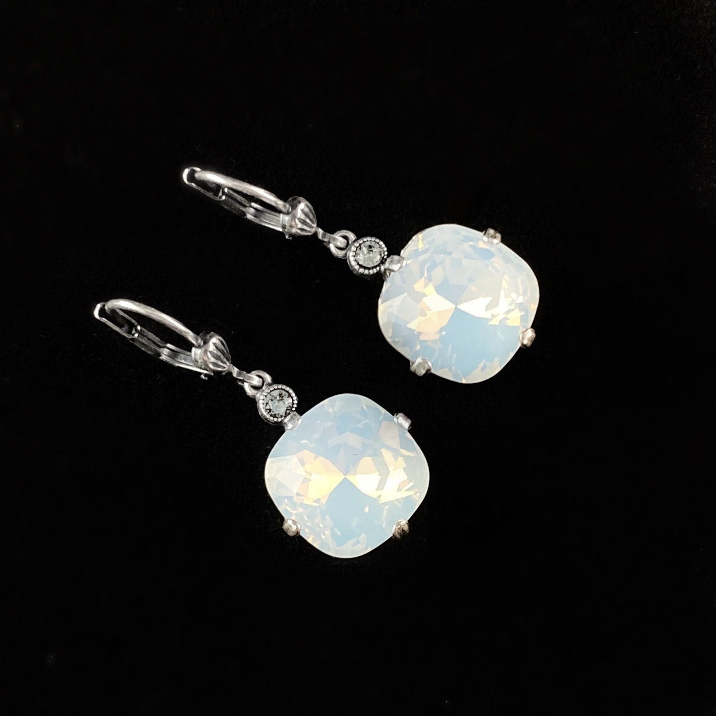 Milky Opal Cushion Cut Swarovski Crystal Drop Earrings - La Vie Parisienne by Catherine Popesco