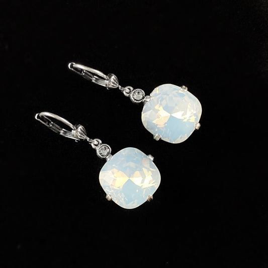Milky Opal Cushion Cut Swarovski Crystal Drop Earrings - La Vie Parisienne by Catherine Popesco