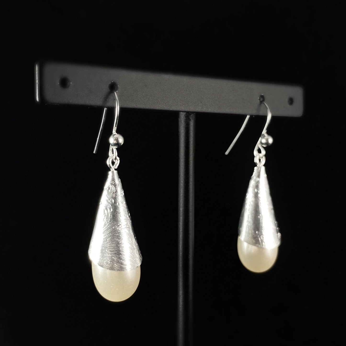 Dainty Minimalist Cream-colored Pearl Earrings with Silver Cone Detailing - Handmade Nickel Free Ulla Jewelry
