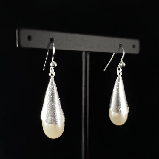Dainty Minimalist Cream-colored Pearl Earrings with Silver Cone Detailing - Handmade Nickel Free Ulla Jewelry