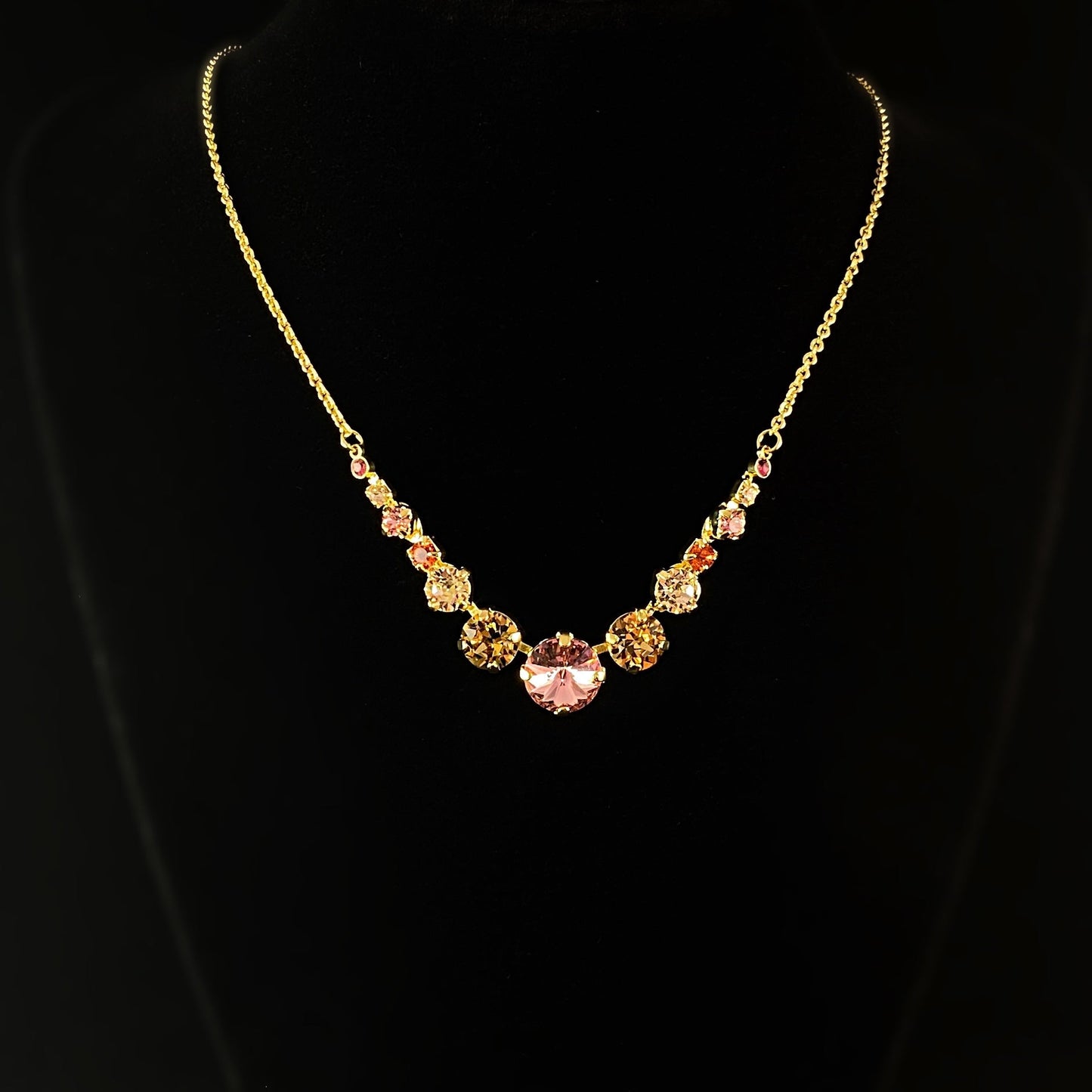 Multi-Colored Rose Pink Crystal Adjustable Gold Necklace