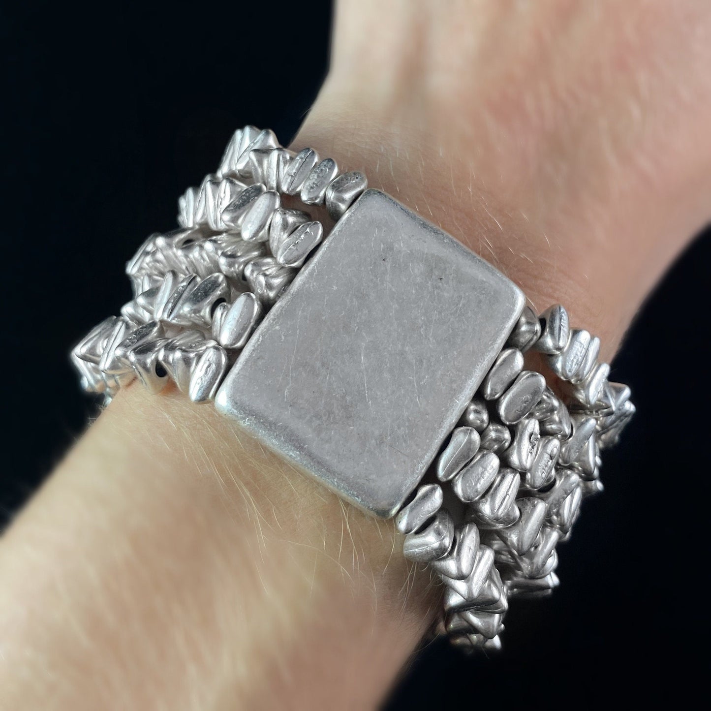 Multi Strand Silver Stretch Bracelet with Large Rectangle Bead, Handmade, Nickel Free