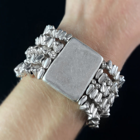 Multi Strand Silver Stretch Bracelet with Large Rectangle Bead, Handmade, Nickel Free