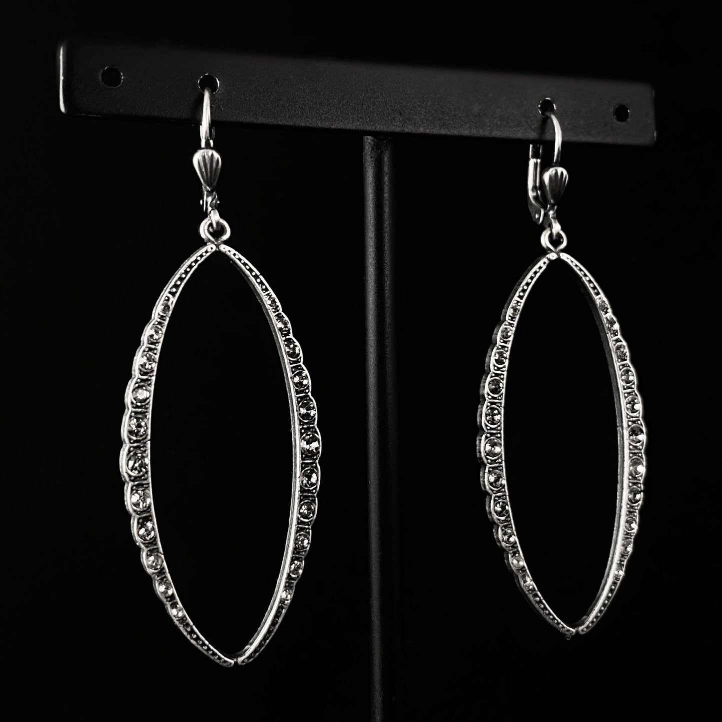 Oval Silver Drop Earrings with Clear Swarovski Crystals - La Vie Parisienne by Catherine Popesco