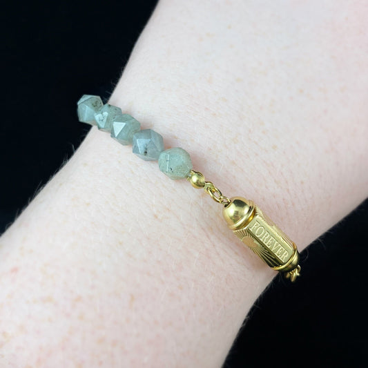 Pastel Green Natural Stone Bracelet with Love/Forever Calligraphy and Dainty Gold Heart Detailing