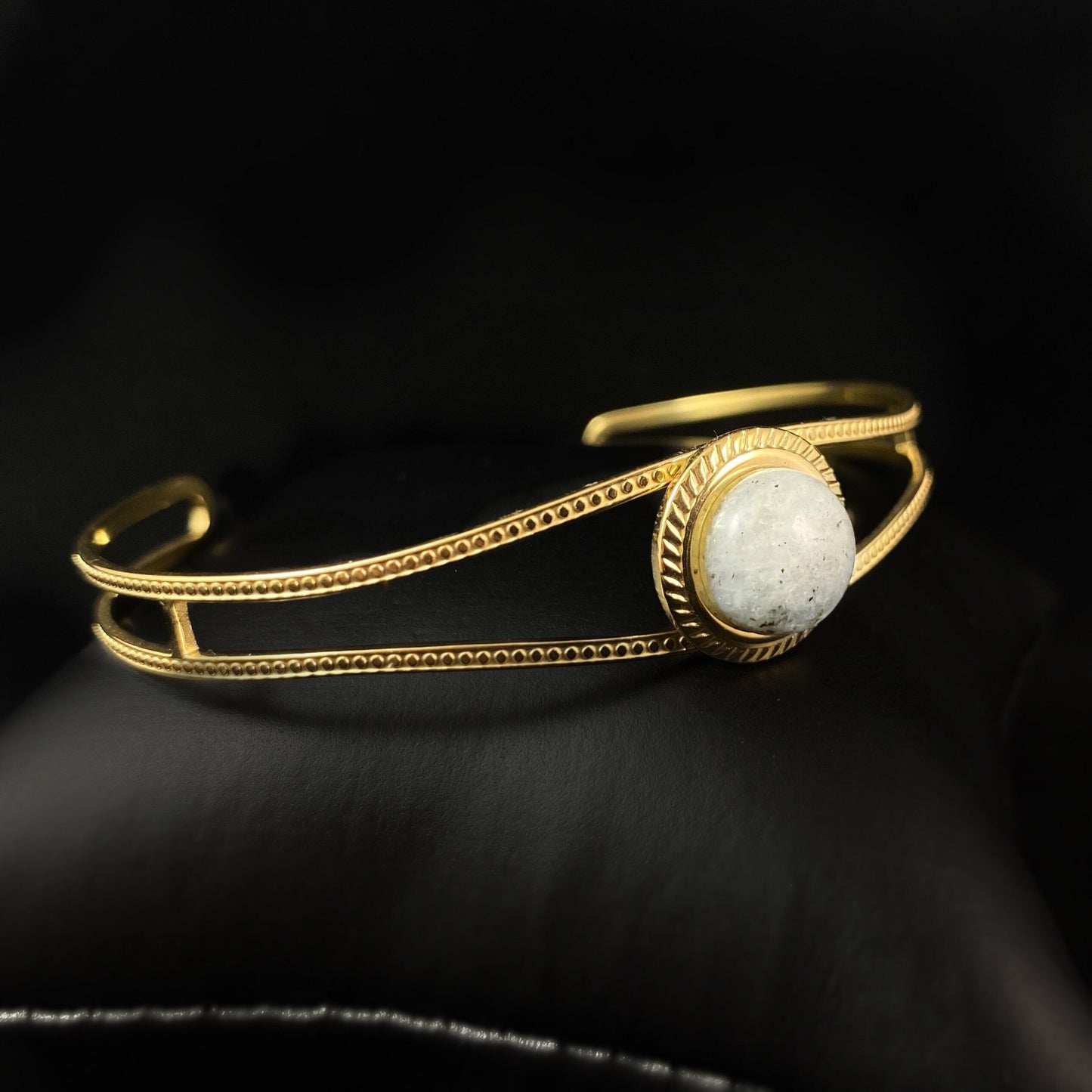 Pastel Green Natural Stone Cuff Bracelet with Intricate Gold Band and Circular Gold Setting