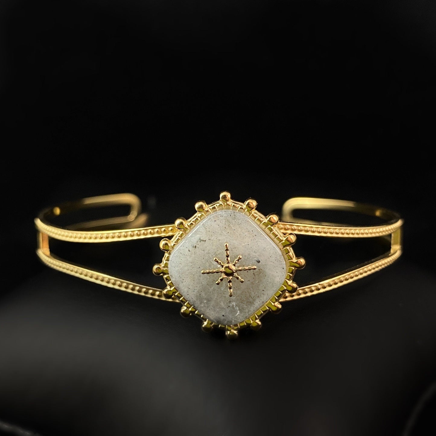 Pastel Green Natural Stone Double Cuff Bracelet with Intricate Gold Bands and Dainty Gold Detailing