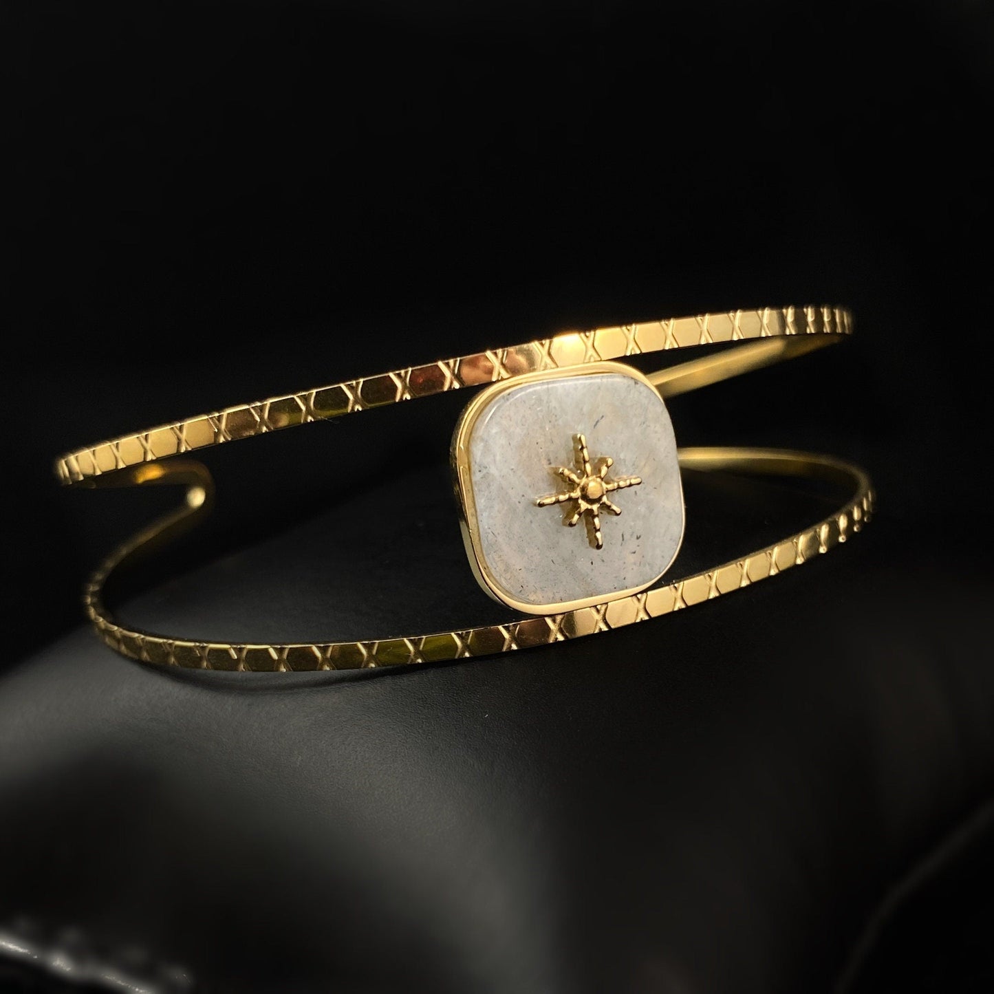 Pastel Green Natural Stone Double Cuff Bracelet with Intricate Gold Bands and Gold Starburst Accent