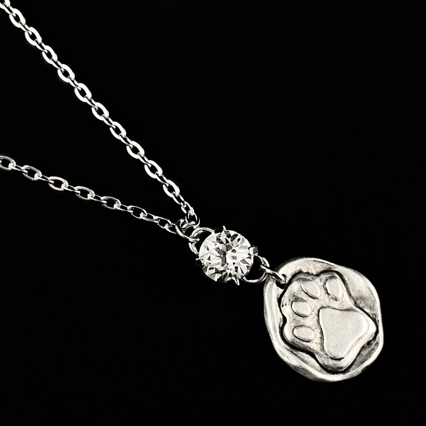 Paw Print and Clear Swarovski Crystal Silver Chain Necklace - VBC