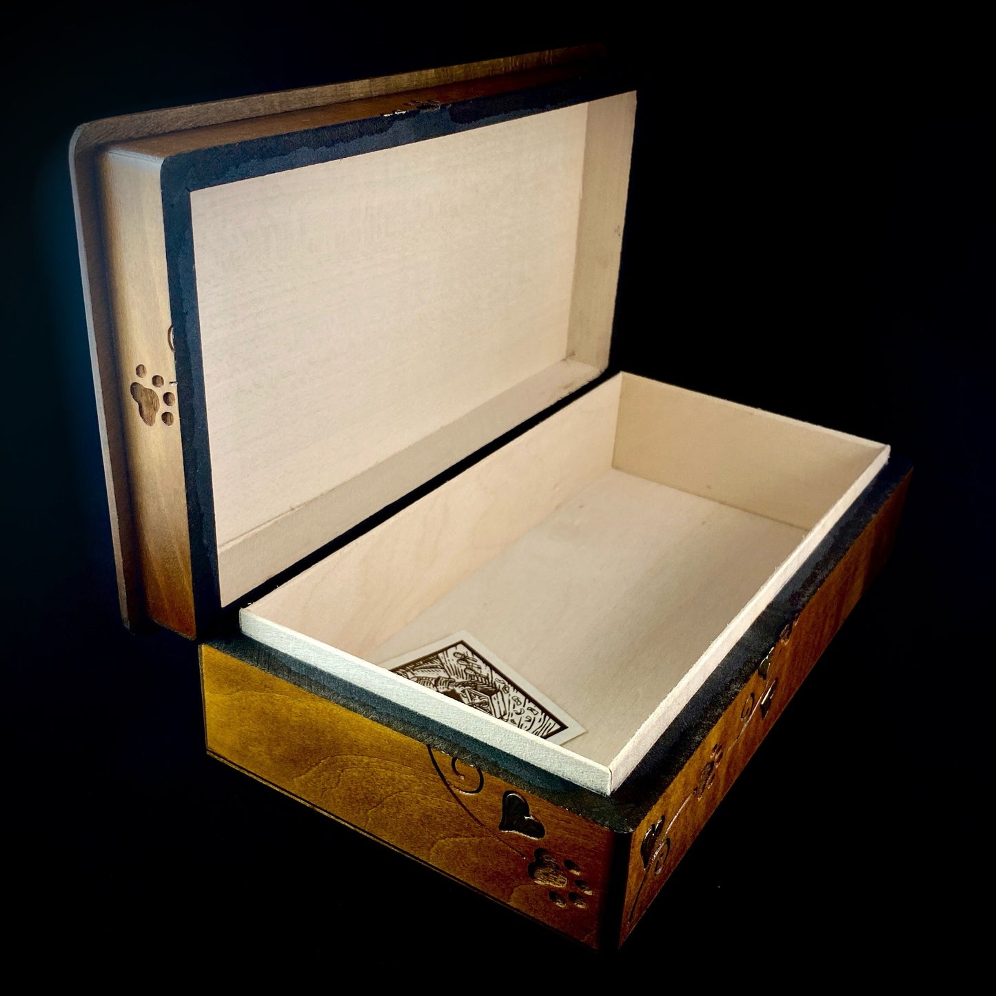 Paw Print and Heart Vine Patterned Jewelry Box, Handmade Hinged Wooden Treasure Box