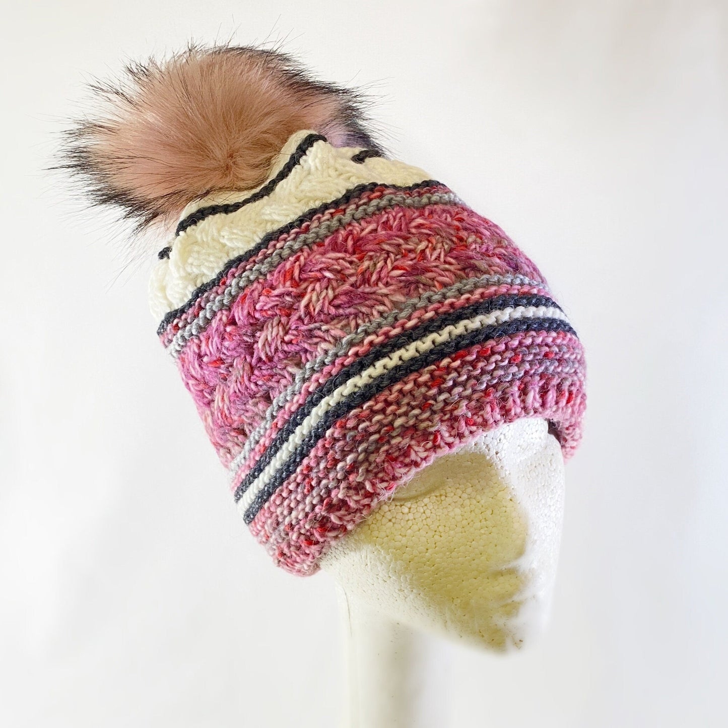 Pink Multicolor Winter Beanie With Pompom - Made From Italian Wool, Acrylic Yarn, and Faux Fur
