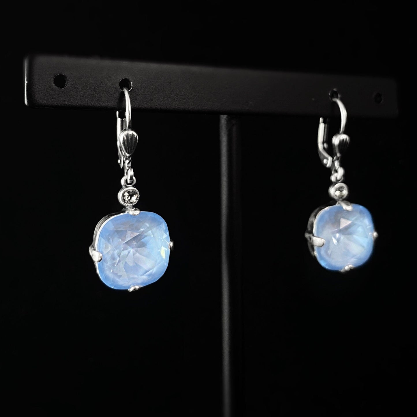 Powder Blue Cushion Cut Swarovski Crystal Drop Earrings - La Vie Parisienne by Catherine Popesco