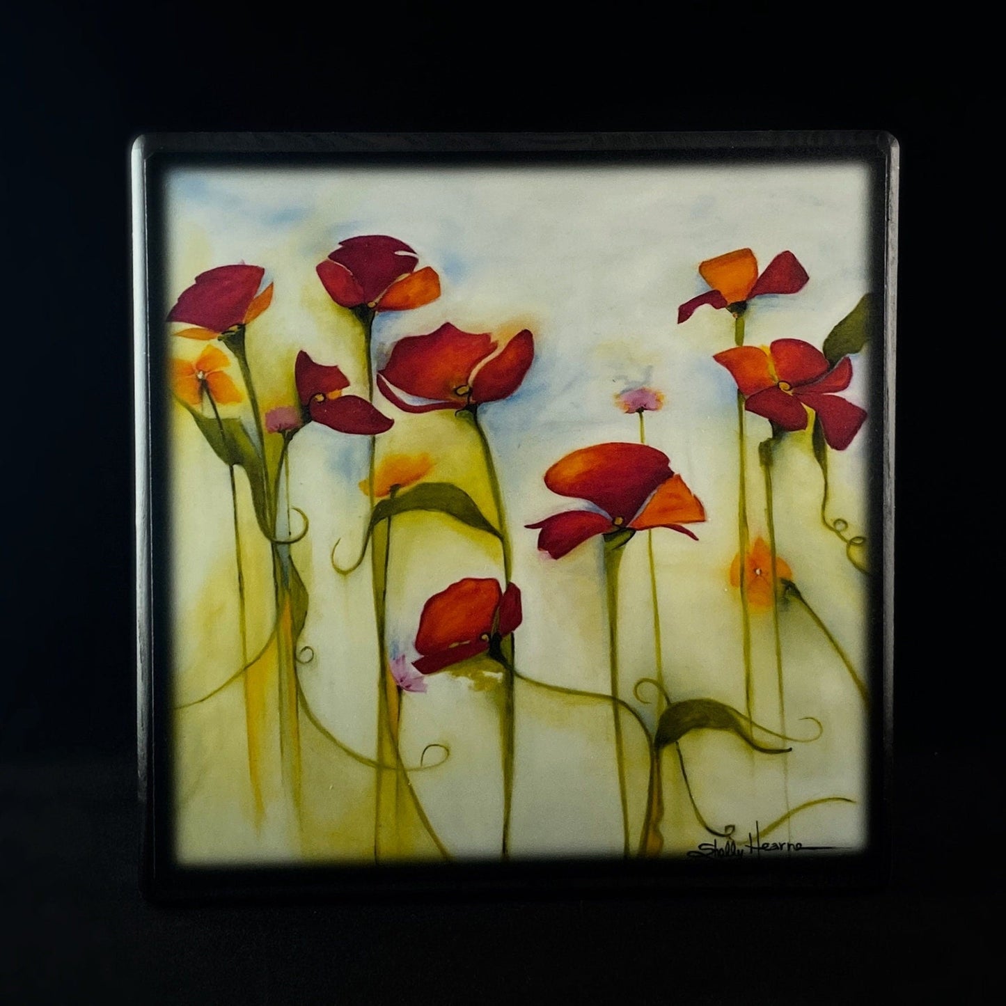Reach For The Skies Red Blooms With Vines, Art Block - Unique Home/Office Decor