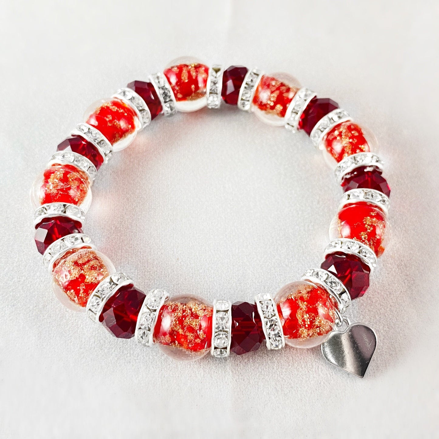 Red Beaded Venetian Glass Bracelet, Silver - Handmade in Italy, Colorful Murano Glass
