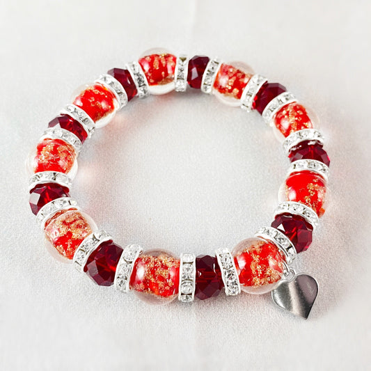 Red Beaded Venetian Glass Bracelet, Silver - Handmade in Italy, Colorful Murano Glass