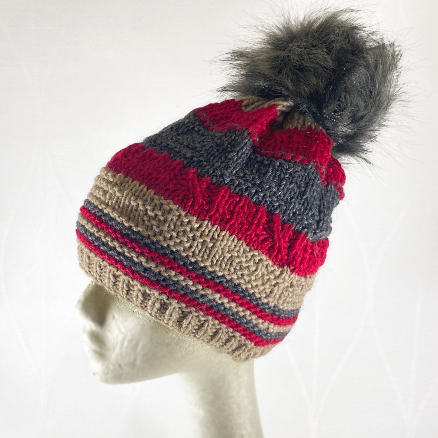 Red, Brown, and Gray Winter Beanie With Pompom - Made From Italian Wool, Acrylic Yarn, and Faux Fur