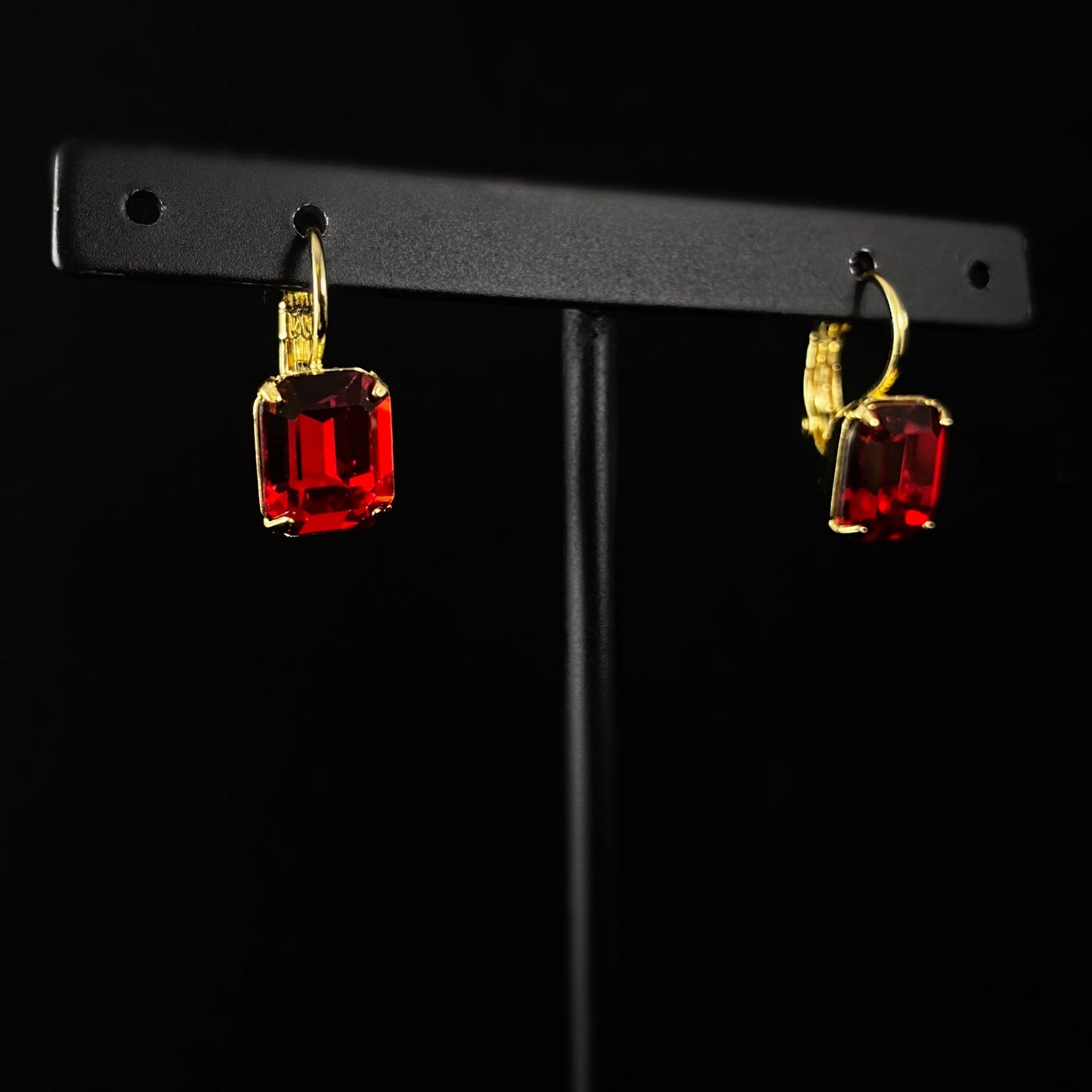 Red Colored Emerald Cut Crystal Earrings with Gold Finish