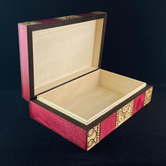 Red Striped Floral Jewelry Box, Handmade Hinged Wooden Treasure Box