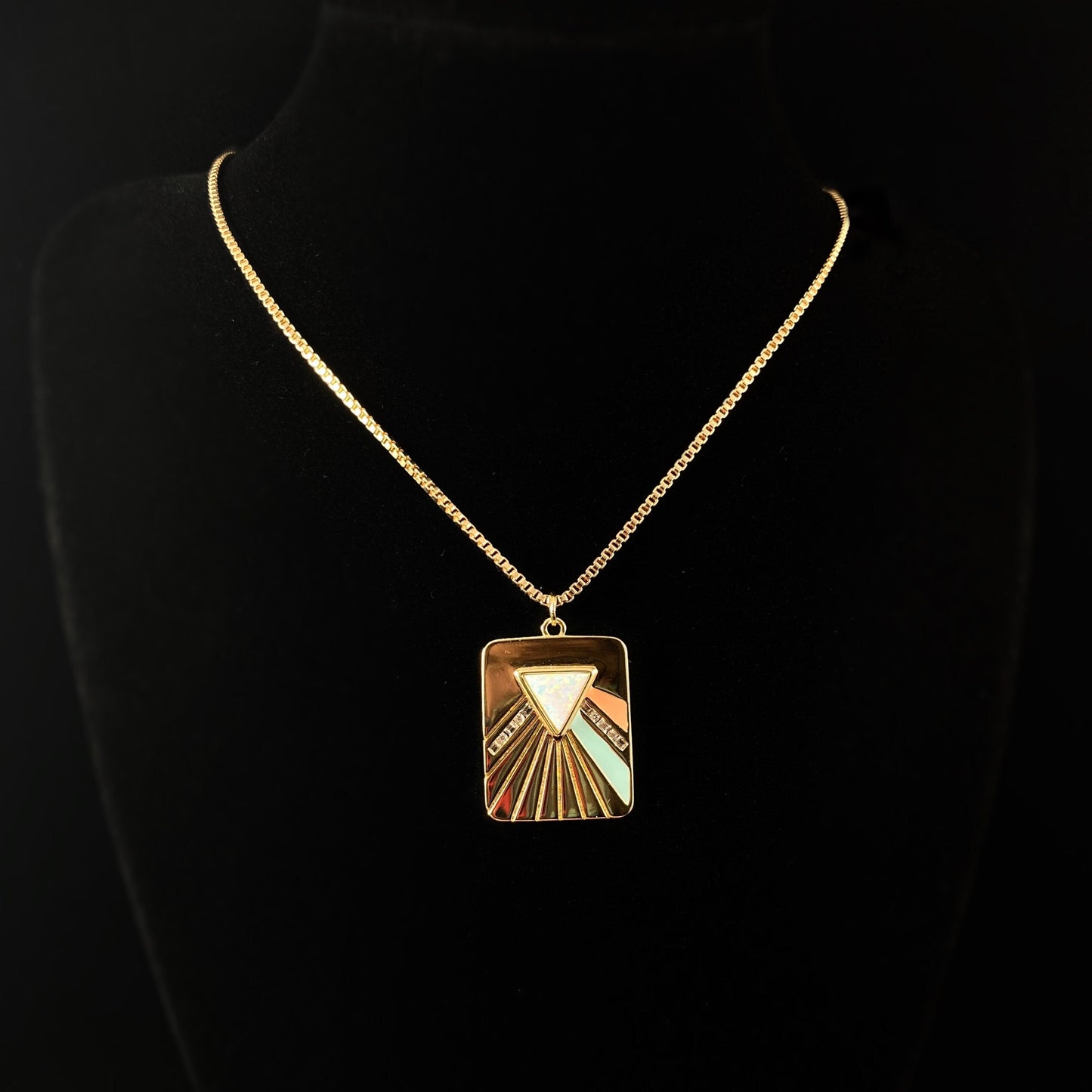 Retro Art Deco Pink Floyd-Inspired Necklace with mint, coral, and gold Pendant and White Opal Stone - Bright Side
