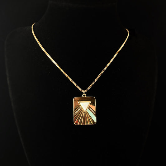 Retro Art Deco Pink Floyd-Inspired Necklace with mint, coral, and gold Pendant and White Opal Stone - Bright Side