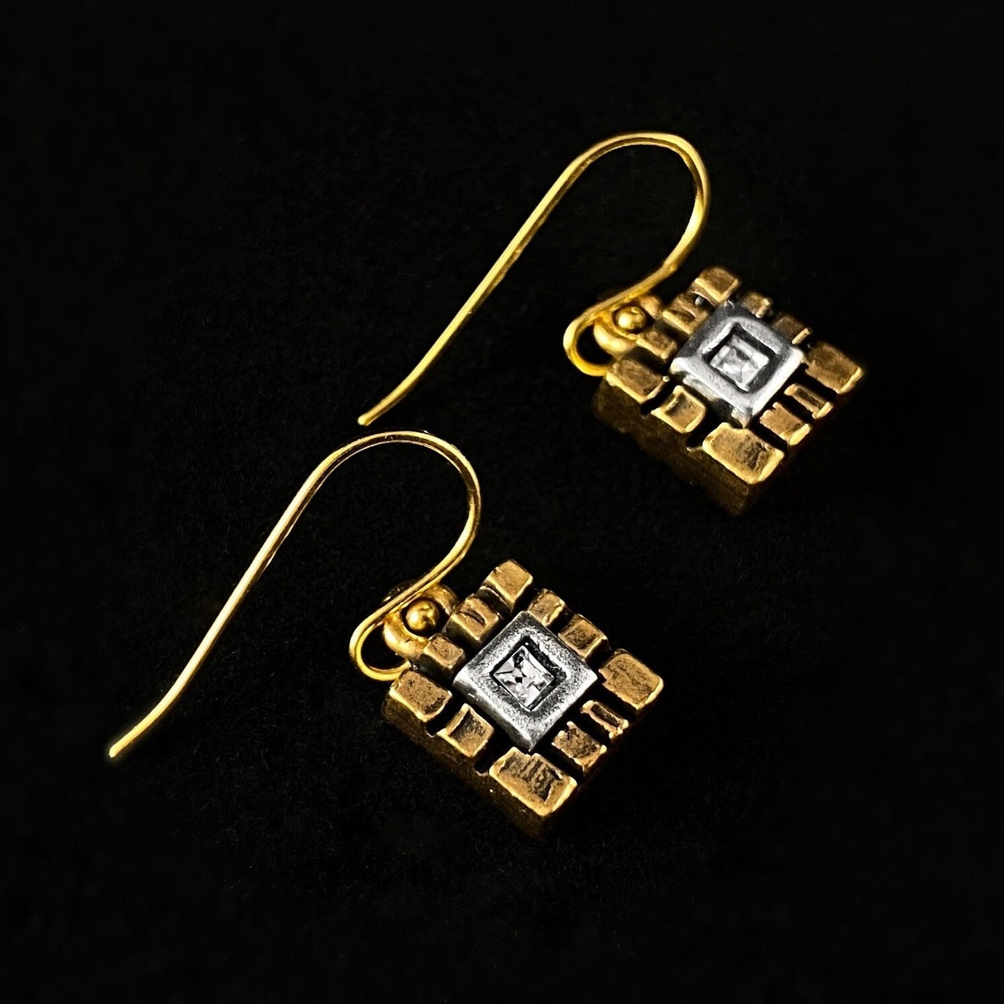 Rook and Crow Handmade Gold Cube Earrings with Silver and Clear Crystal Square Accent