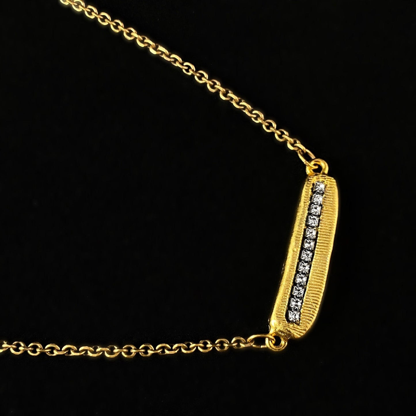 Rook and Crow Handmade Gold Pendant Necklace with Track of Crystals, Made in USA