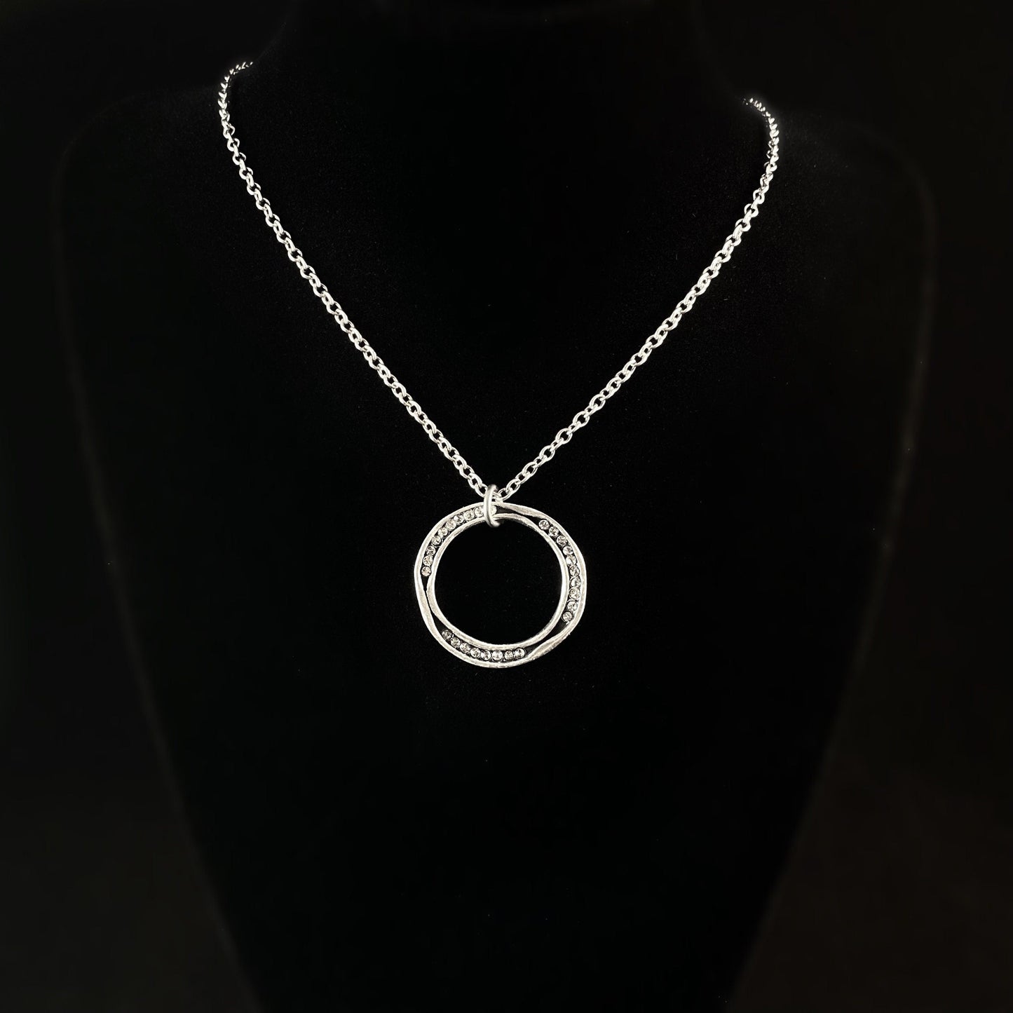 Handmade Round Silver Pendant Necklace with Crystals, Made in USA