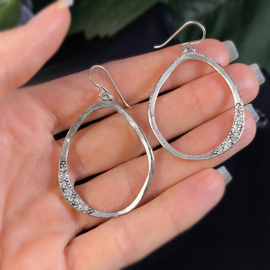 Rook and Crow Handmade Silver Large Oval Earrings with Crystals