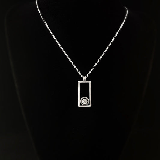 Rook and Crow Handmade Silver Rectangular Pendant Necklace with Round Crystal -Window