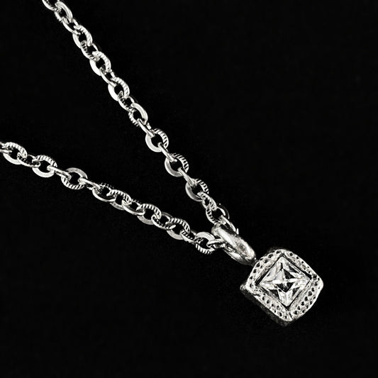 Rook and Crow Handmade Silver Square Pendant Necklace With Square Clear Crystal Center Accent - Chunky, Made in USA