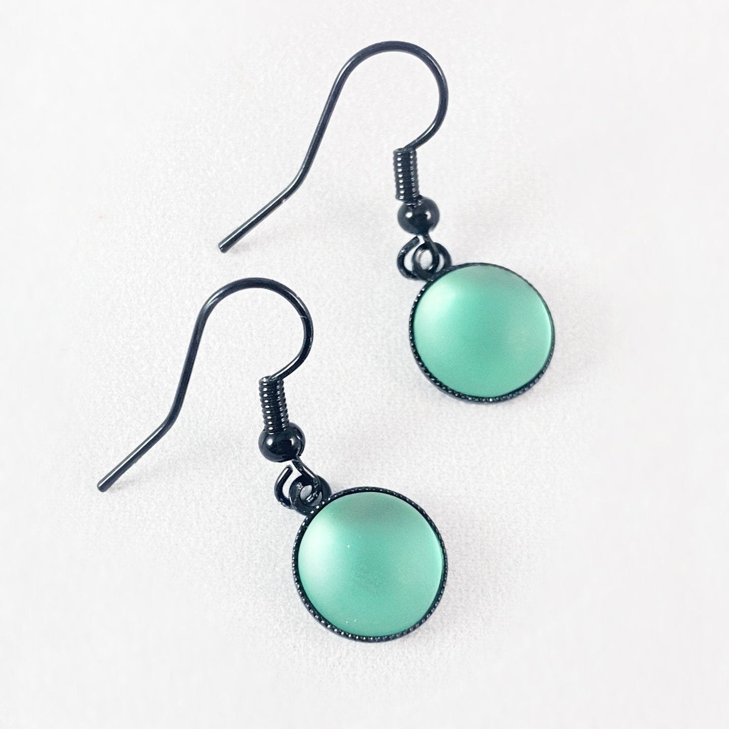 Round Earrings with Black Wire and Handmade Glass Beads, Hypoallergenic, Mint Green - Kristina