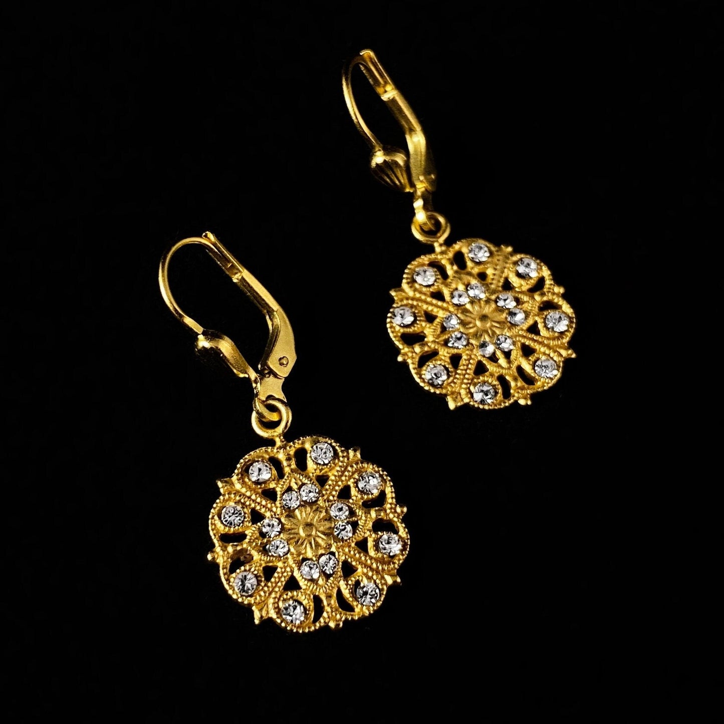 Round Gold Filigree Earrings with Clear Swarovski Crystals - La Vie Parisienne by Catherine Popesco
