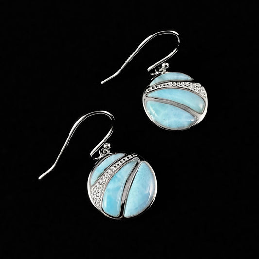 Round Sterling Silver Earrings with Natural Larimar Stones