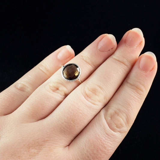 Round Sterling Silver Ring With Semi-Precious Smoky Topaz Stone - Silver Jewelry for Women