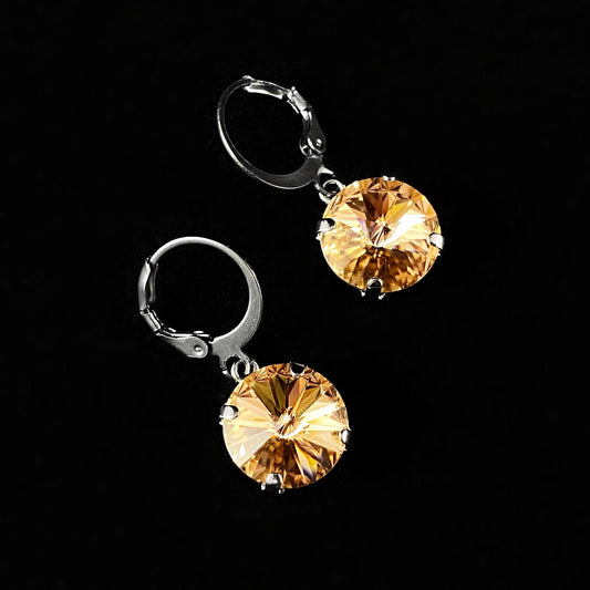 Round Swarovski Crystal Silver Earrings, Rose Peach - VBC