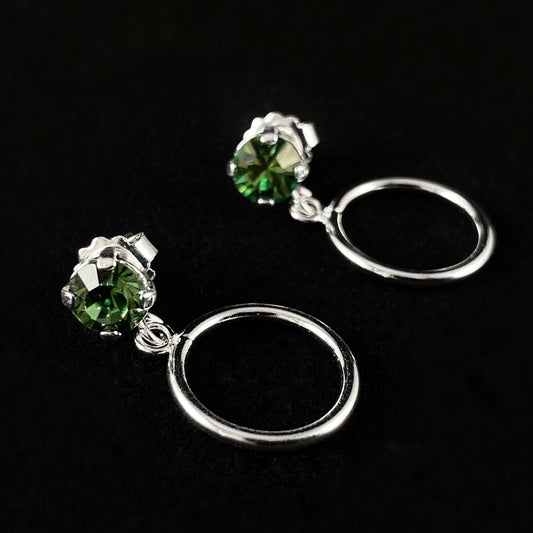 Sage Green Crystal Circle Accent Silver Minimalist Stud Earrings - Handmade, Nickel Free - Ulla