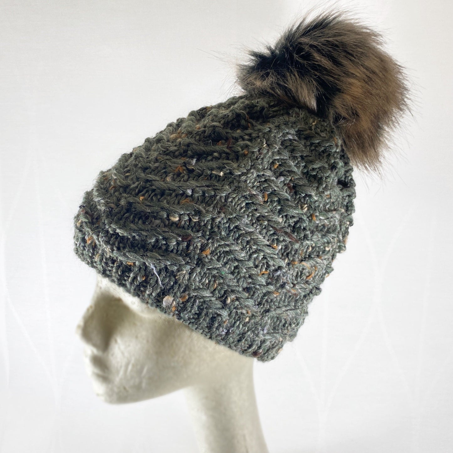 Sage Green Winter Beanie With Pompom - Made From Italian Wool, Acrylic Yarn, and Faux Fur