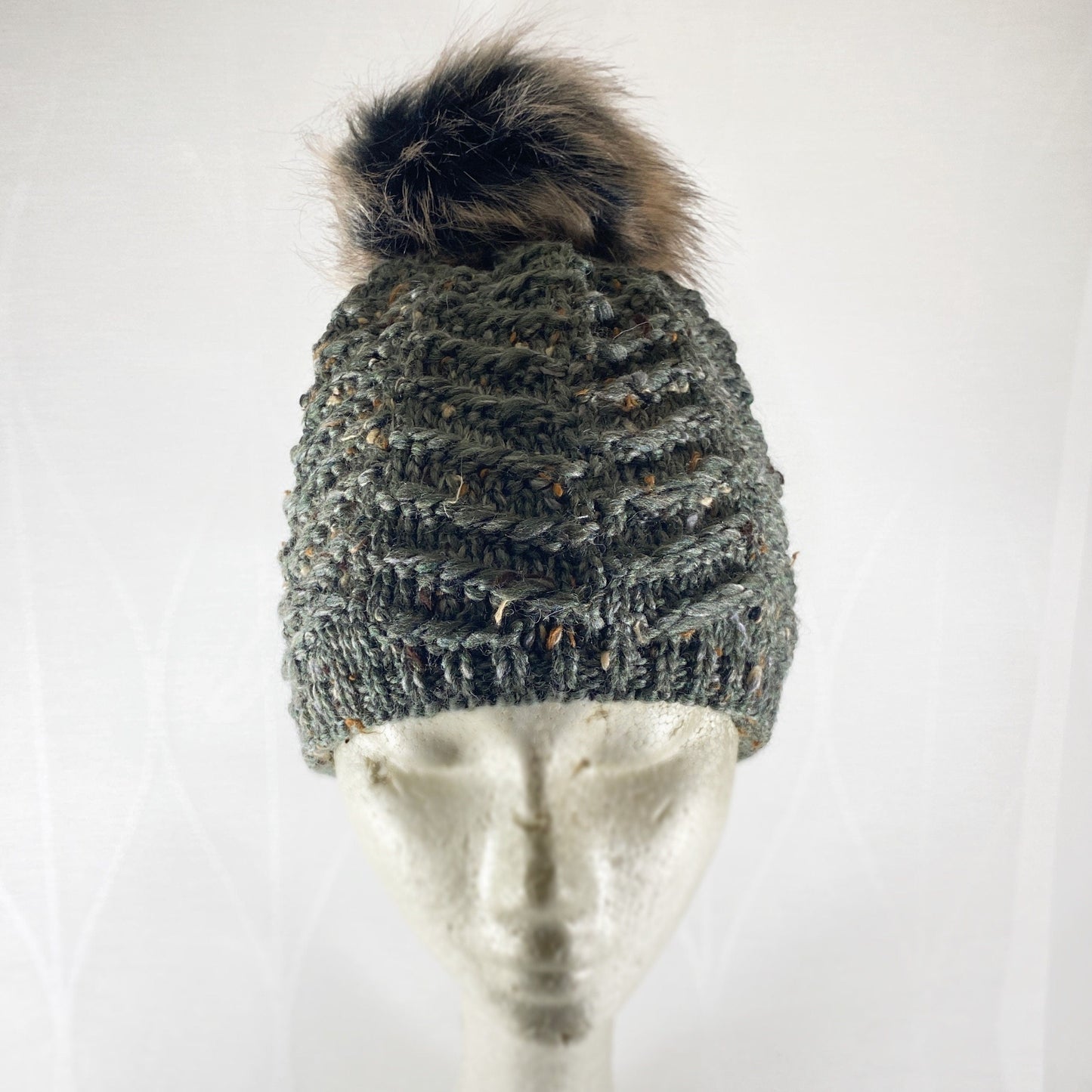 Sage Green Winter Beanie With Pompom - Made From Italian Wool, Acrylic Yarn, and Faux Fur