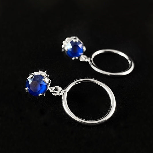 Sapphire Blue Crystal Circle Accent Silver Minimalist Stud Earrings - Handmade, Nickel Free - Ulla