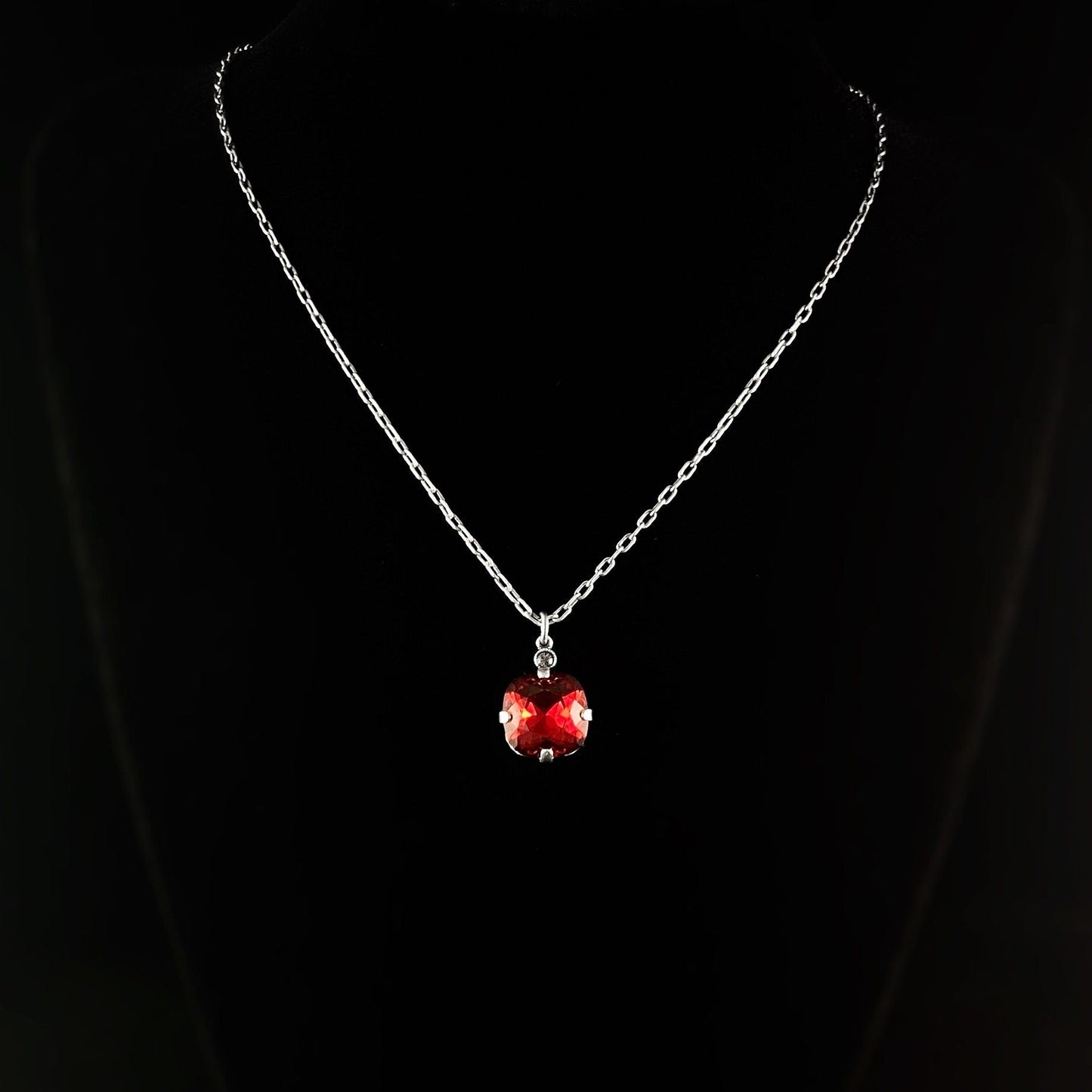 Scarlet Red Cushion Cut Swarovski Crystal Pendant Necklace - La Vie Parisienne by Catherine Popesco