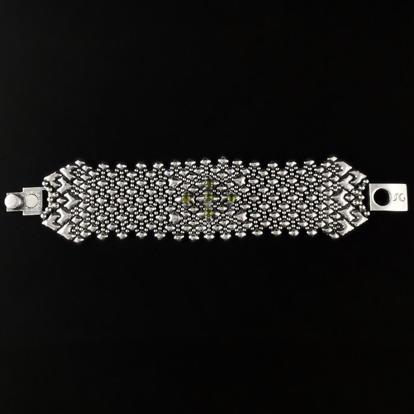 SG Liquid Metal Bracelet - 1.75 inch Wide Silver with Green