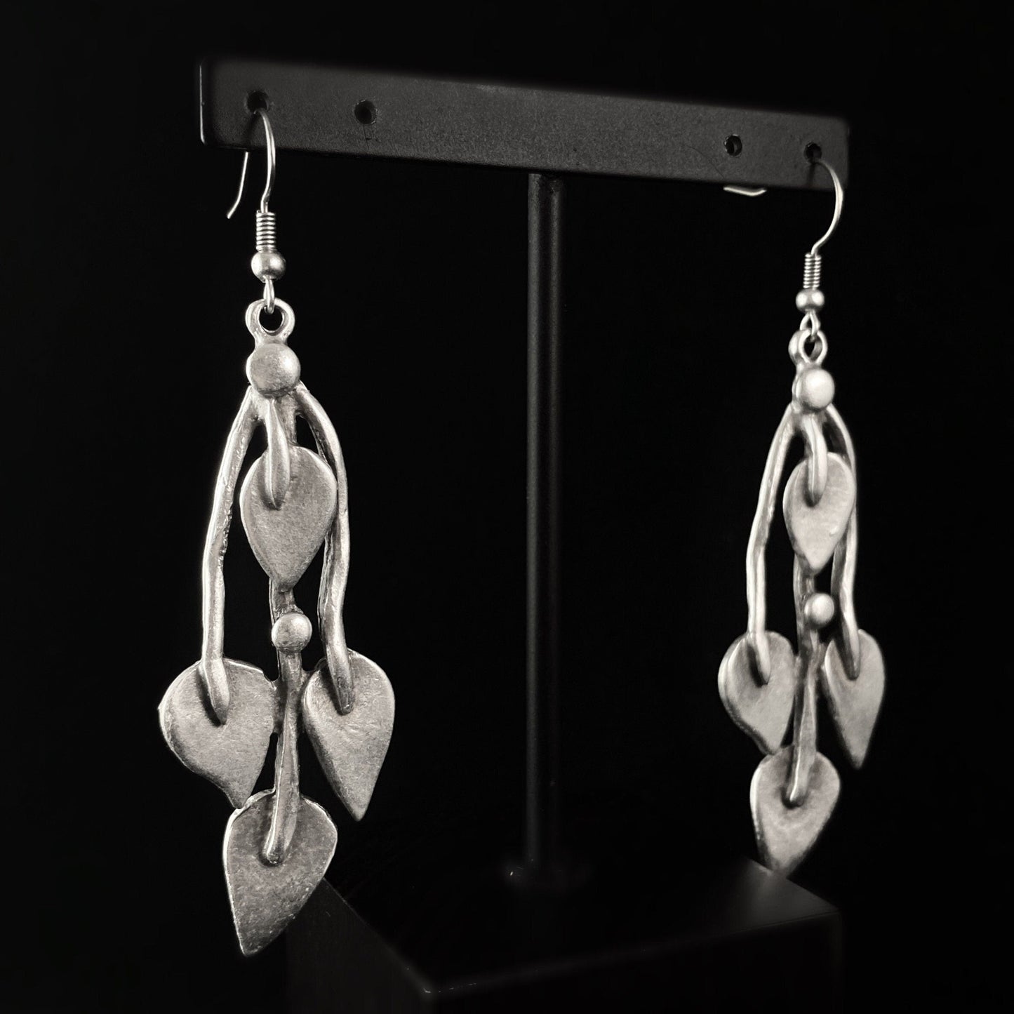 Silver Abstract Leaf Drop Earrings, Handmade, Nickel Free - Elegant Minimalist Jewelry for Women