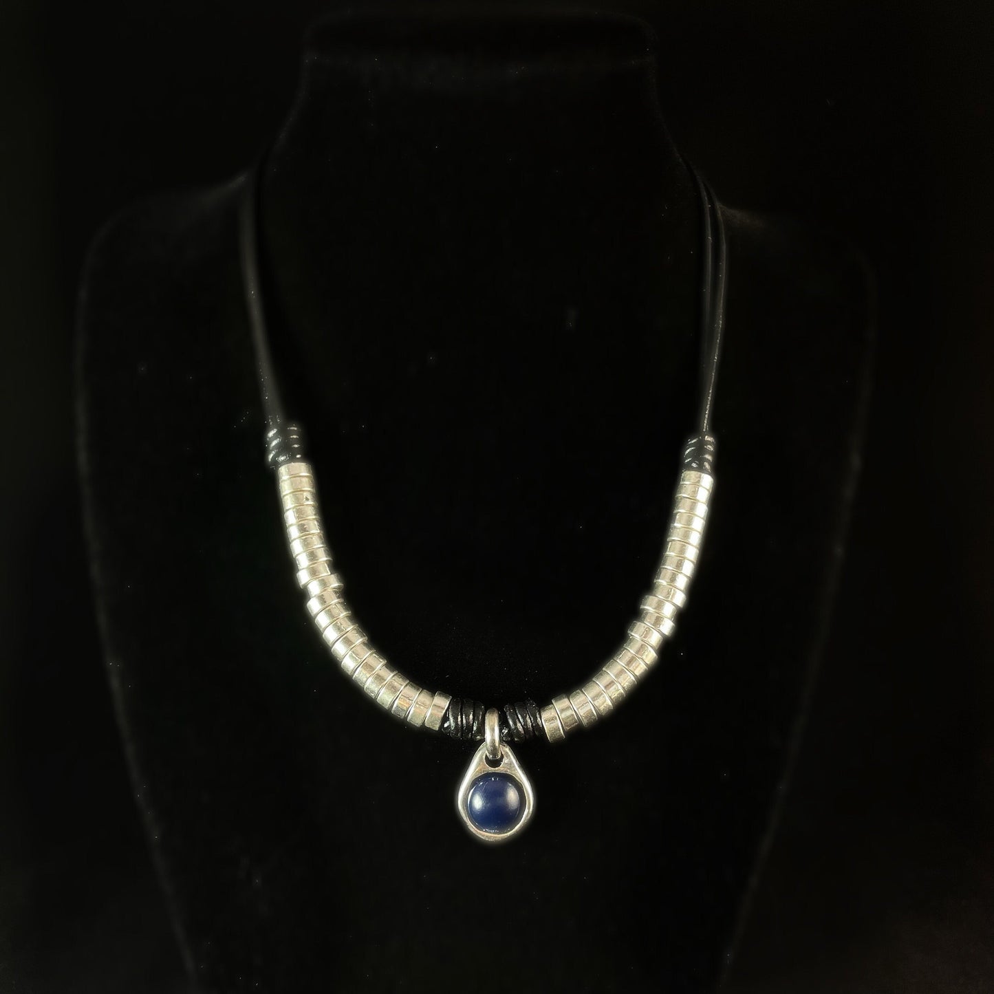 Silver and Blue Beaded, Leather Cord Necklace - Handmade in Spain