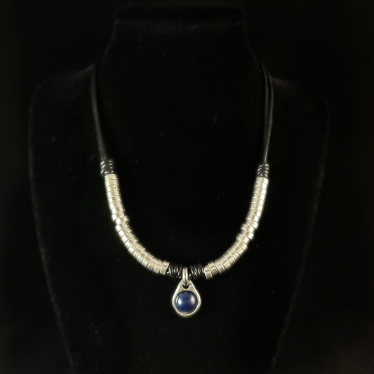 Silver and Blue Beaded, Leather Cord Necklace - Handmade in Spain