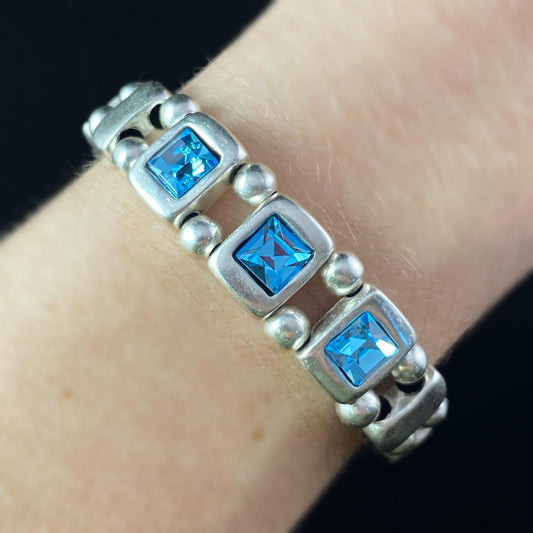 Silver Beaded Bracelet with Blue Crystals, Handmade, Nickel Free - Noir