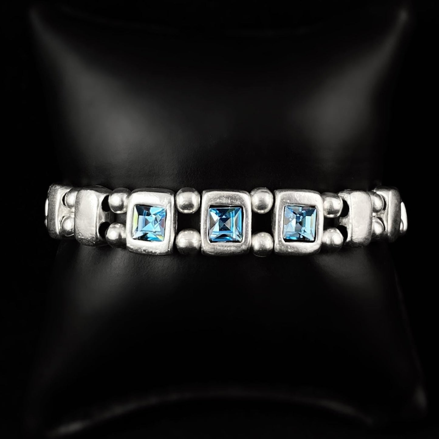 Silver Beaded Bracelet with Blue Crystals, Handmade, Nickel Free - Noir