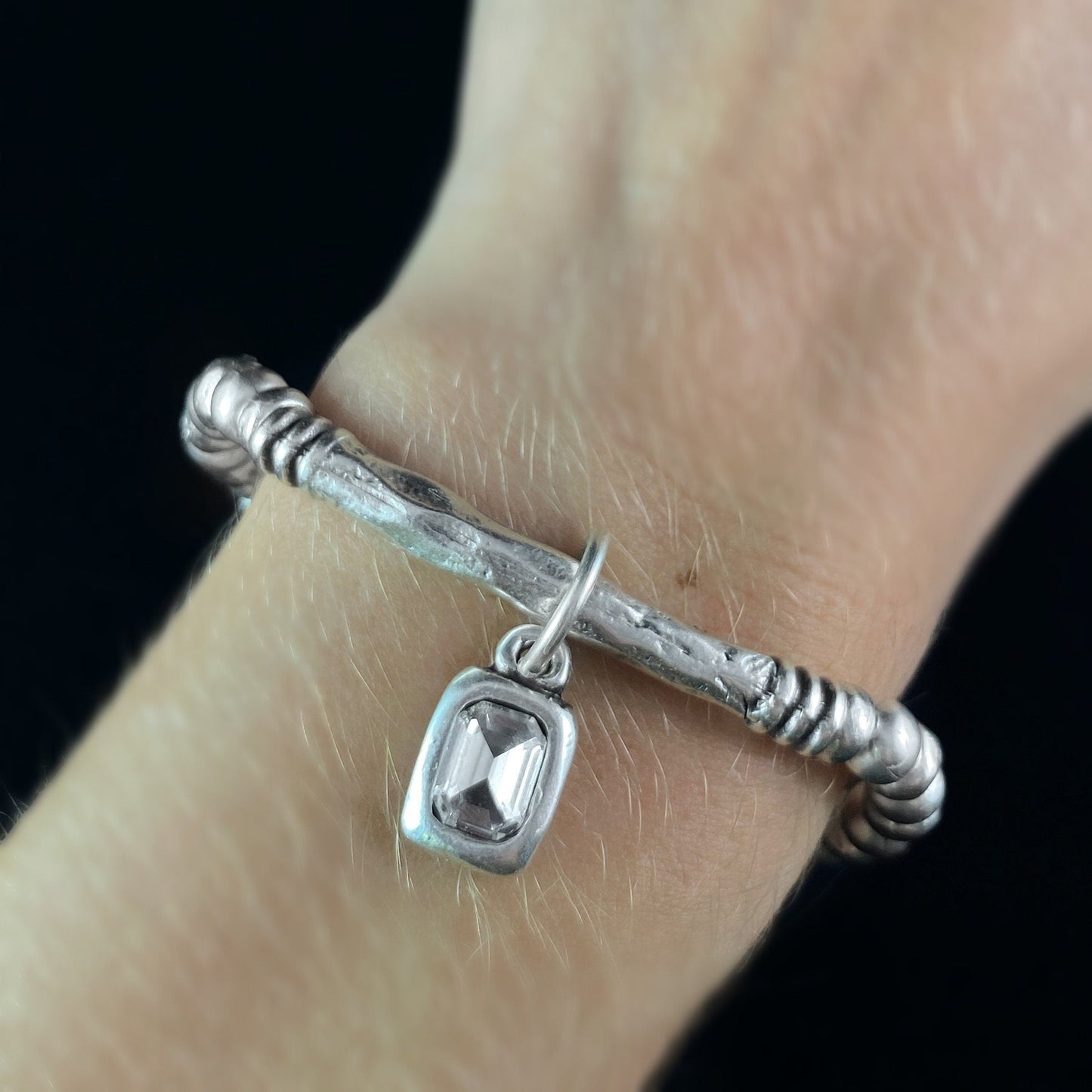 Silver Beaded Bracelet with Clear Crystal Charm, Handmade, Nickel Free